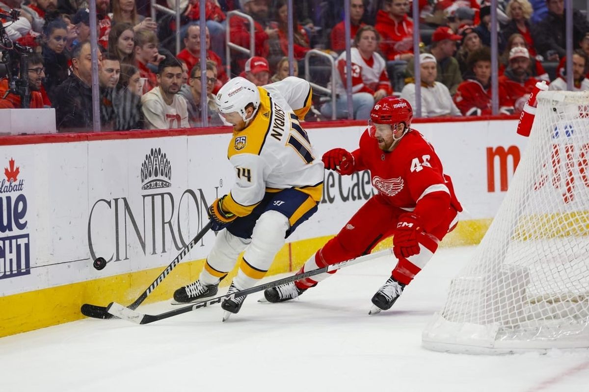 Dec 29, 2023; Detroit, Michigan, USA; Nashville Predators center Gustav Nyquist (14) handles the puck under pressure from Detroit Red Wings defenseman Jeff Petry (46) during the first of the game between the Nashville Predators and the Detroit Red Wings at Little Caesars Arena.