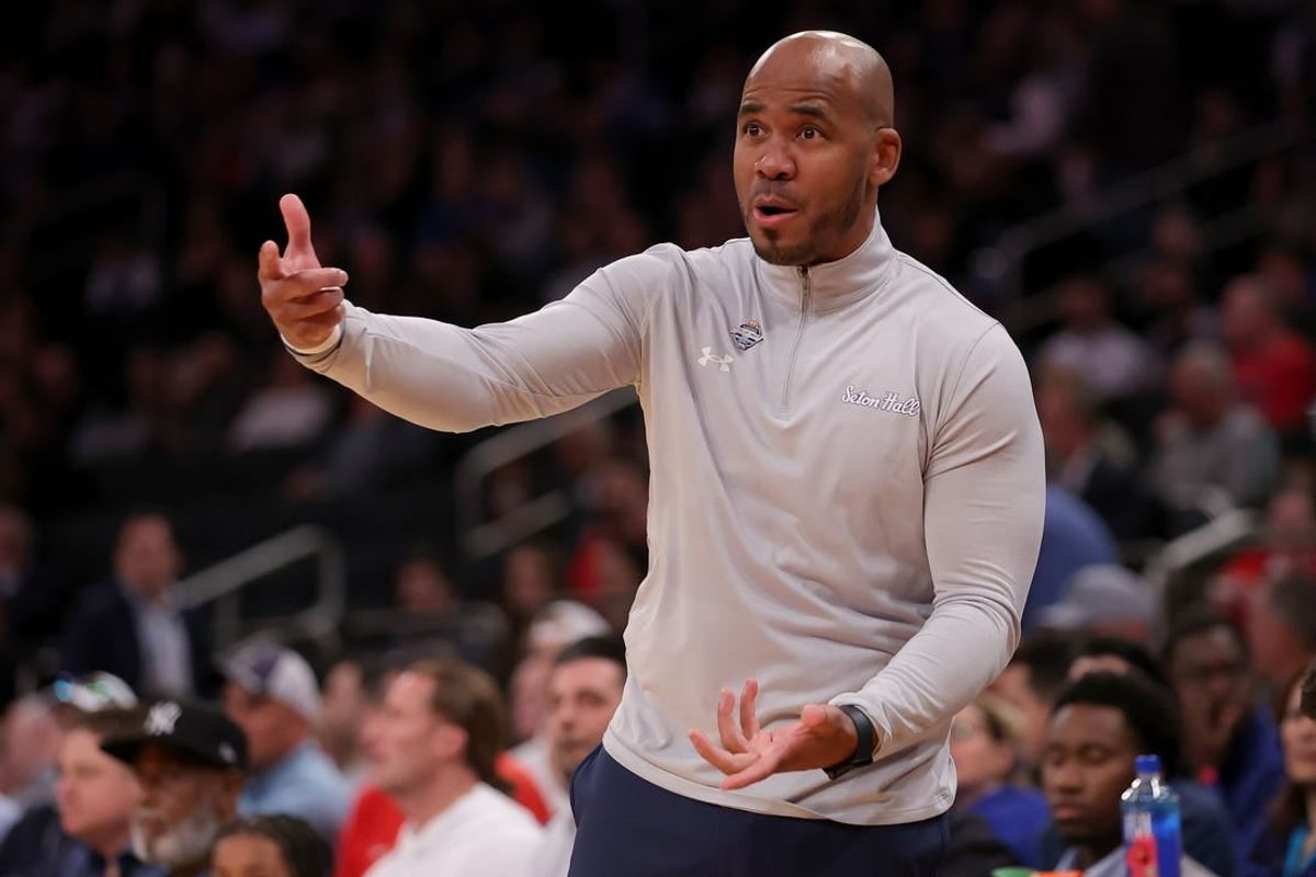 Mar 14, 2024; New York City, NY, USA; Seton Hall Pirates head coach Shaheen Holloway coaches against the St. John's Red Storm during the first half at Madison Square Garden.