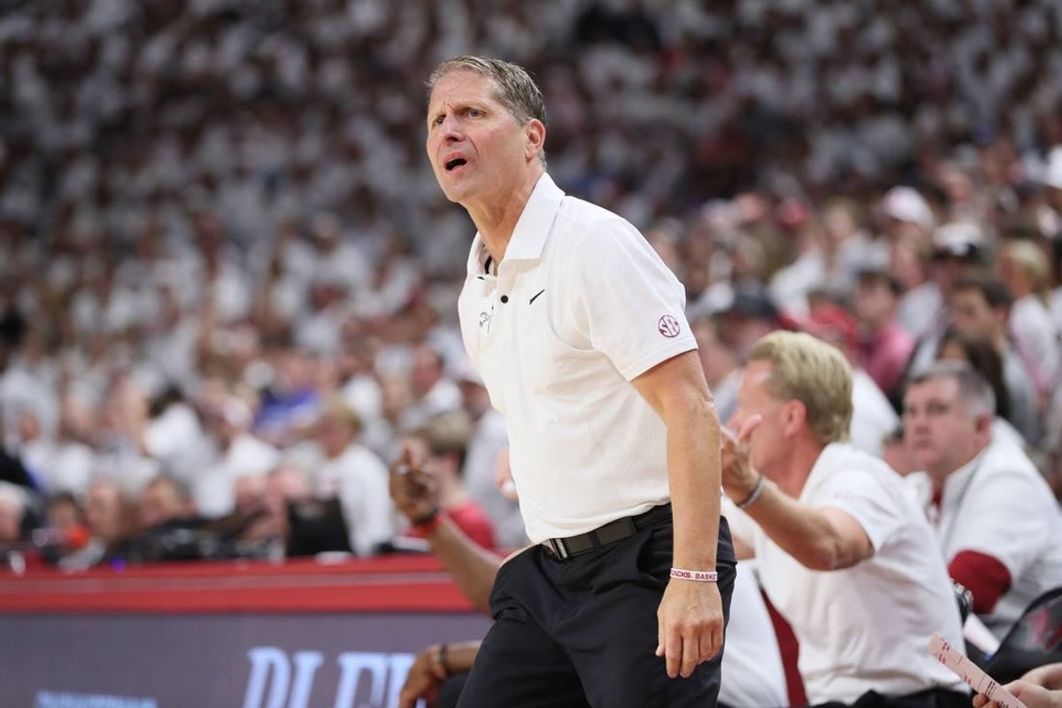 Nov 29, 2023; Fayetteville, Arkansas, USA; Arkansas Razorbacks head coach Eric Musselman during the second half against the Duke Blue Devils at Bud Walton Arena. Arkansas won 80-75.