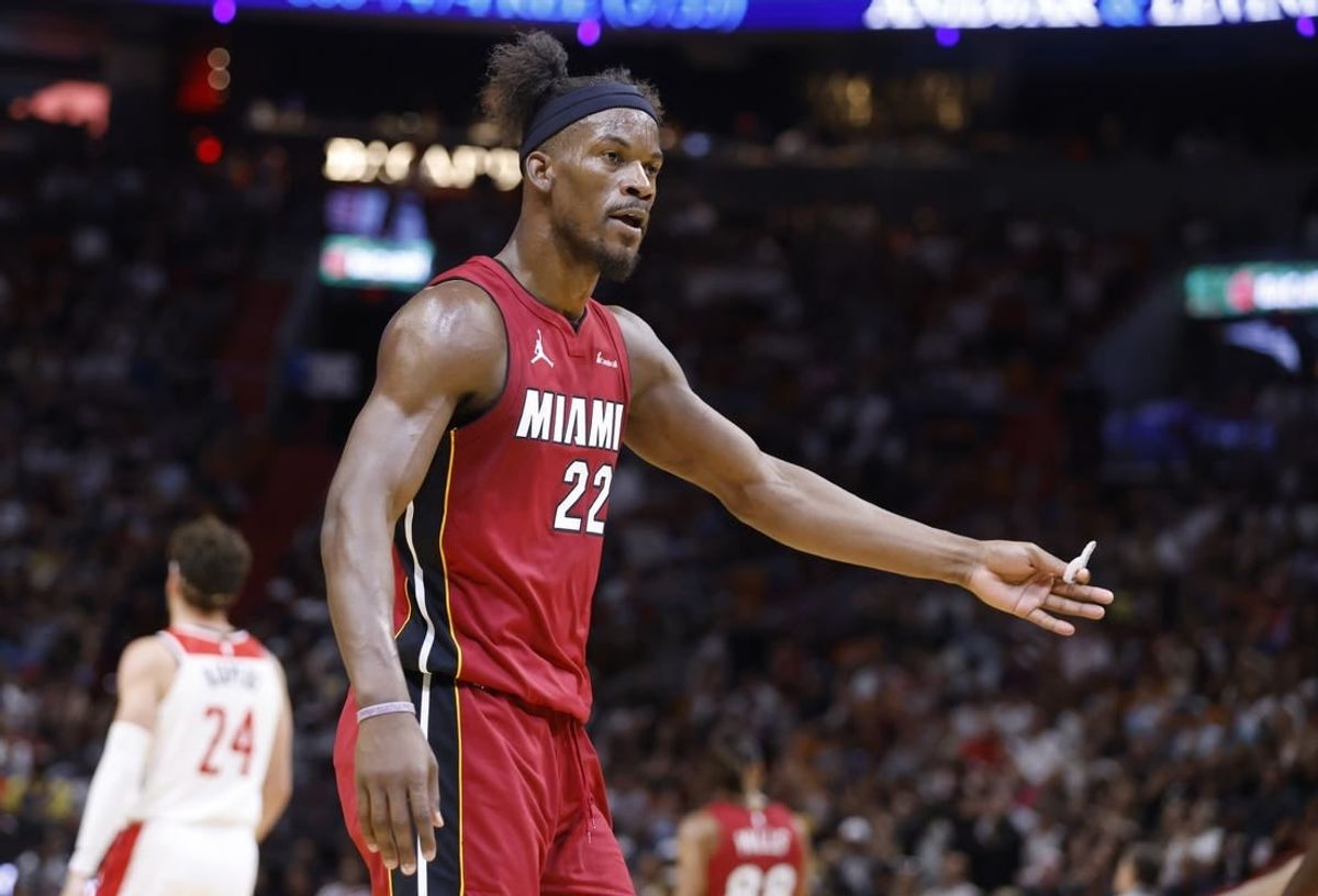 Mar 10, 2024; Miami, Florida, USA; Miami Heat forward Jimmy Butler (22) argues a call against the Washington Wizards in the first half at Kaseya Center.
