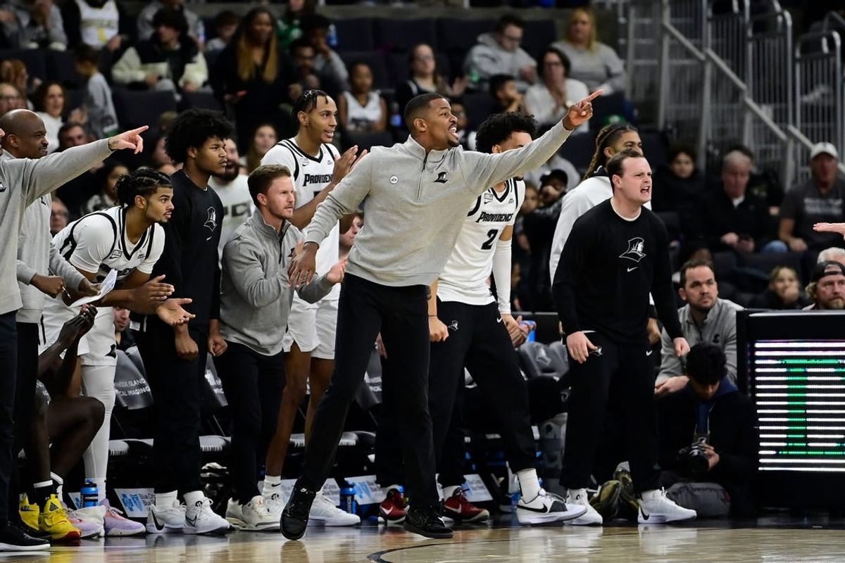 Providence Friars head coach Kim English reacts to a play against the Wisconsin Badgers  during the second half at Amica Mutual Pavilion.