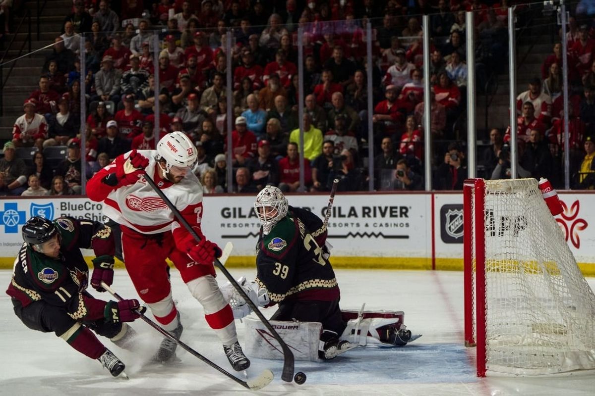 Mar 8, 2024; Tempe, Arizona, USA; Detroit Red Wings forward is unable to score against Arizona Coyotes forward Dylan Guenther (11) and goalie Connor Ingram (39) in the first period at Mullett Arena.