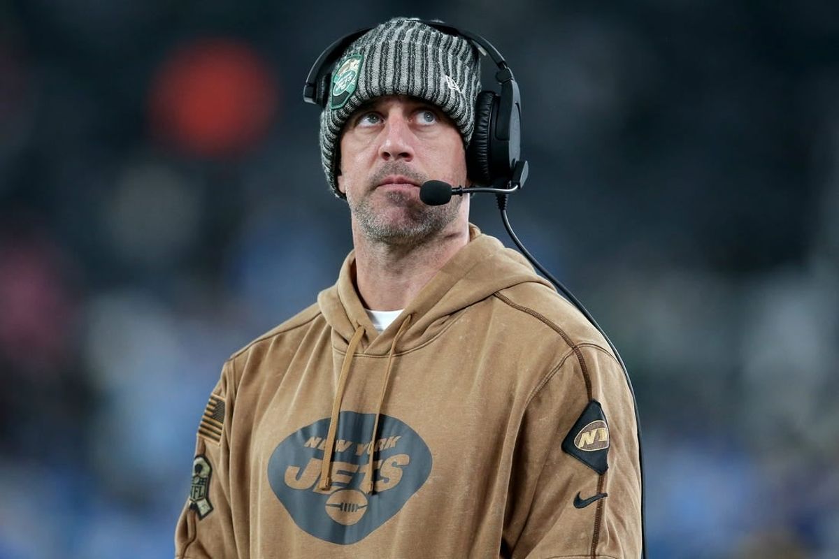 Nov 6, 2023; East Rutherford, New Jersey, USA; New York Jets injured quarterback Aaron Rodgers reacts during the fourth quarter against the Los Angeles Chargers at MetLife Stadium.