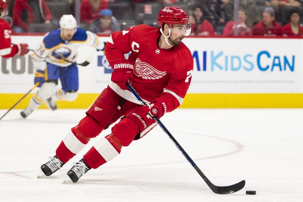 Jan 15, 2022; Detroit, Michigan, USA; Detroit Red Wings center Dylan Larkin (71) skates with the puck during the first period against the St. Louis Blues at Little Caesars Arena.