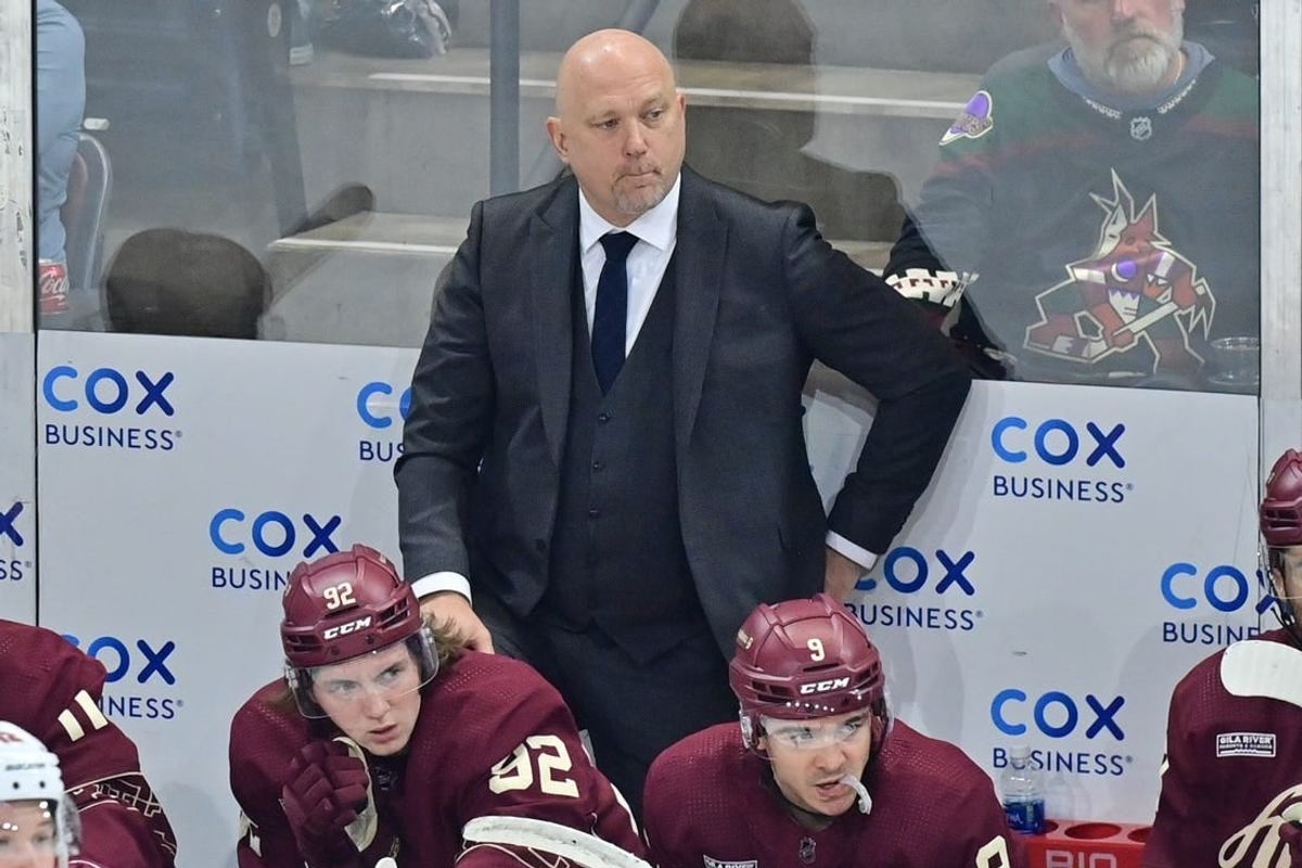 Mar 7, 2024; Tempe, Arizona, USA; Arizona Coyotes head coach Andre Tourigny looks on in the first period against the Minnesota Wild at Mullett Arena.