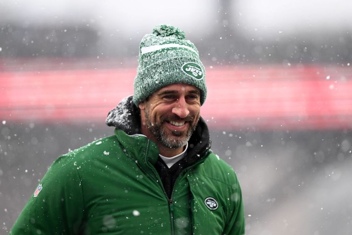 Jan 7, 2024; Foxborough, Massachusetts, USA; New York Jets quarterback Aaron Rodgers (8)  walks off of the field before a game against the New England Patriots at Gillette Stadium.