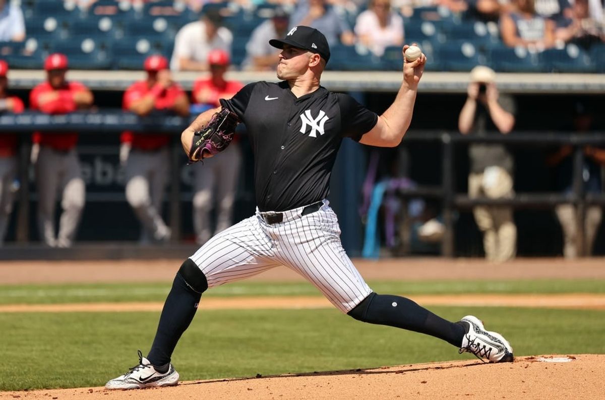 Mar 13, 2024; Tampa, Florida, USA; New York Yankees starting pitcher Carlos Rodon (55) throws a pitch during the first inning Boston Red Sox at George M. Steinbrenner Field.