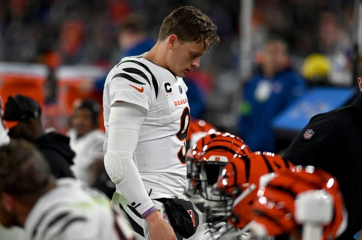 Nov 16, 2023; Baltimore, Maryland, USA; Cincinnati Bengals quarterback Joe Burrow (9) on the sideline during the second quarter against the Baltimore Ravens at M&T Bank Stadium.