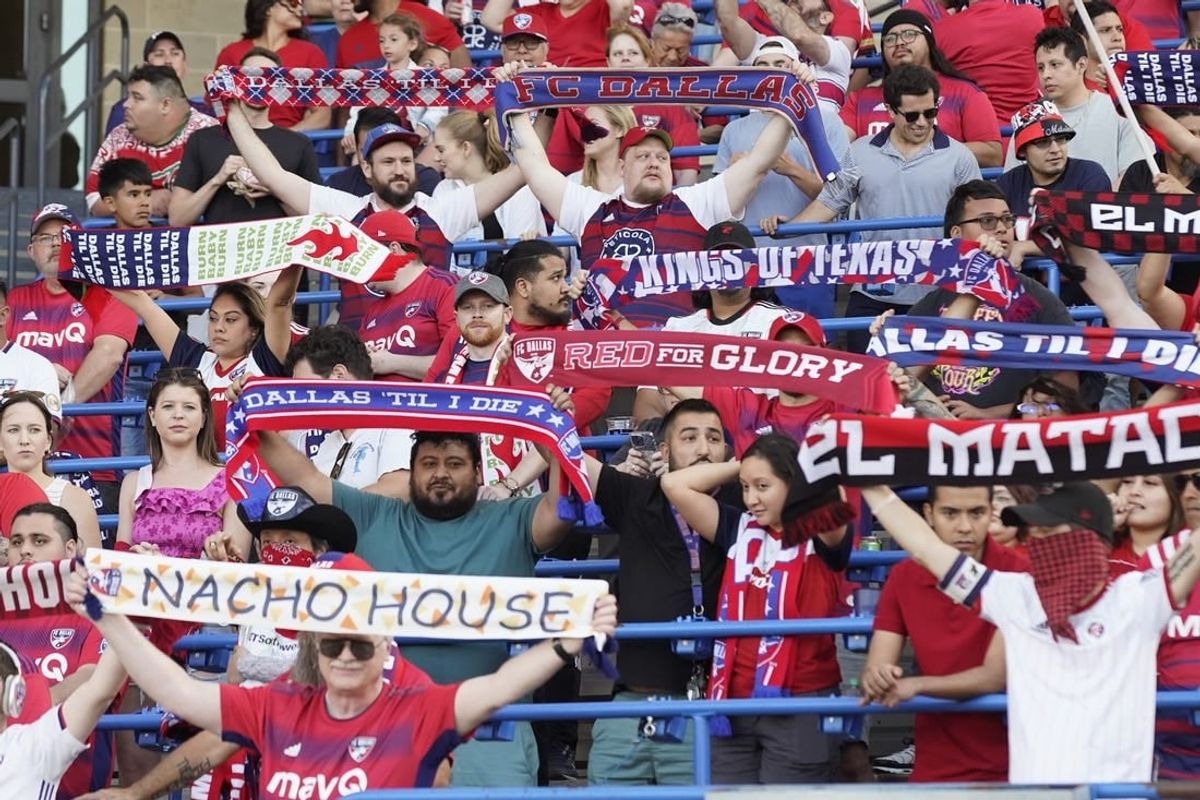 Apr 15, 2023; Frisco, Texas, USA; FC Dallas fans are seen supporting the team at Toyota Stadium.