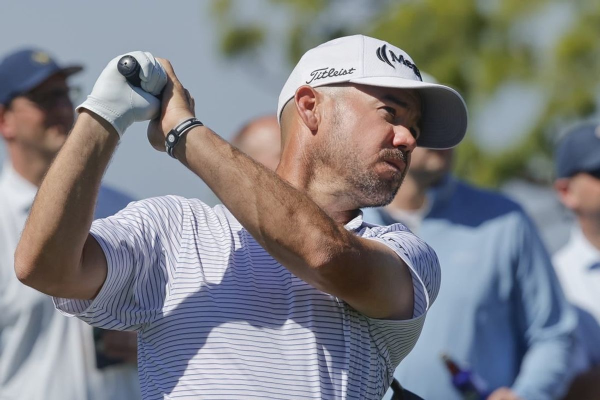 Mar 21, 2024; Palm Harbor, Florida, USA; Brian Harman plays his shot from the 10th tee during the first round of the Valspar Championship golf tournament.