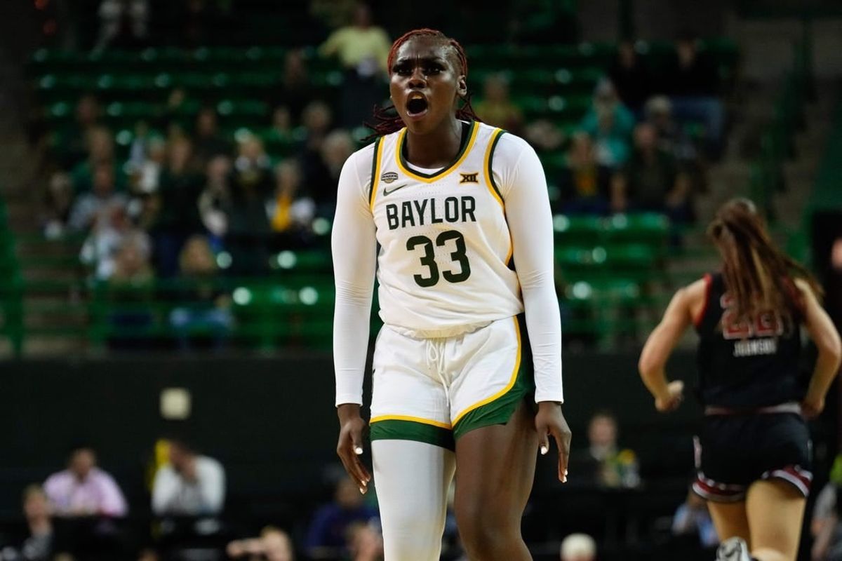 Nov 14, 2023; Waco, Texas, USA; Baylor Lady Bears guard Aijha Blackwell (33) celebrates after scoring a basket against the Utah Utes during the first half at Ferrell Center.