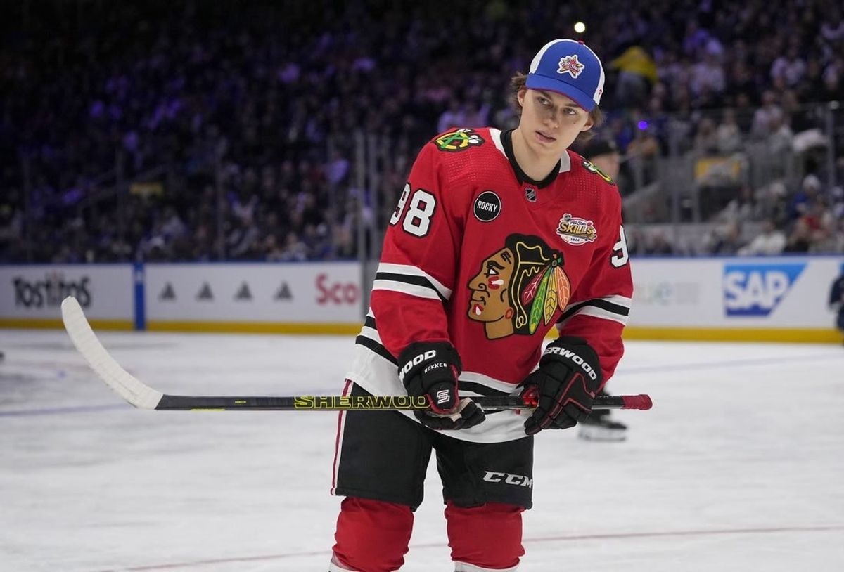 Feb 2, 2024; Toronto, Ontario, CANADA; Chicago Blackhawks center Connor Bedard during the one-timer competition during the NHL All-Star Skills Competition at Scotiabank Arena.