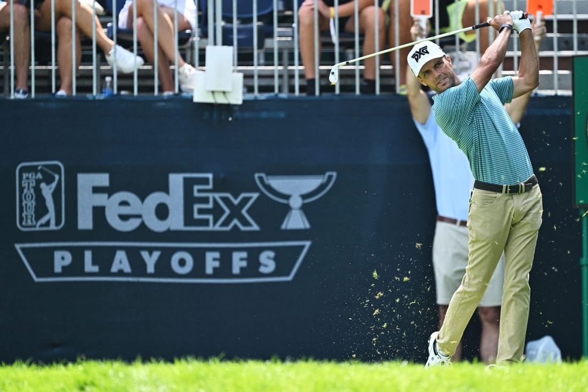 Aug 18, 2023; Olympia Fields, Illinois, USA; Eric Cole tees off from the 16th tee during the second round of the BMW Championship golf tournament.