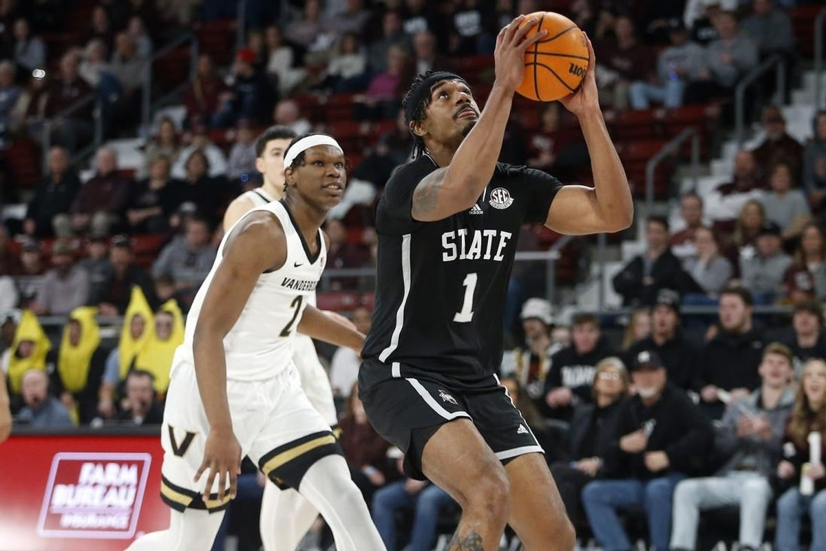 Jan 20, 2024; Starkville, Mississippi, USA; Mississippi State Bulldogs forward Tolu Smith (1) drives to the basket during the first half against the Vanderbilt Commodores at Humphrey Coliseum.