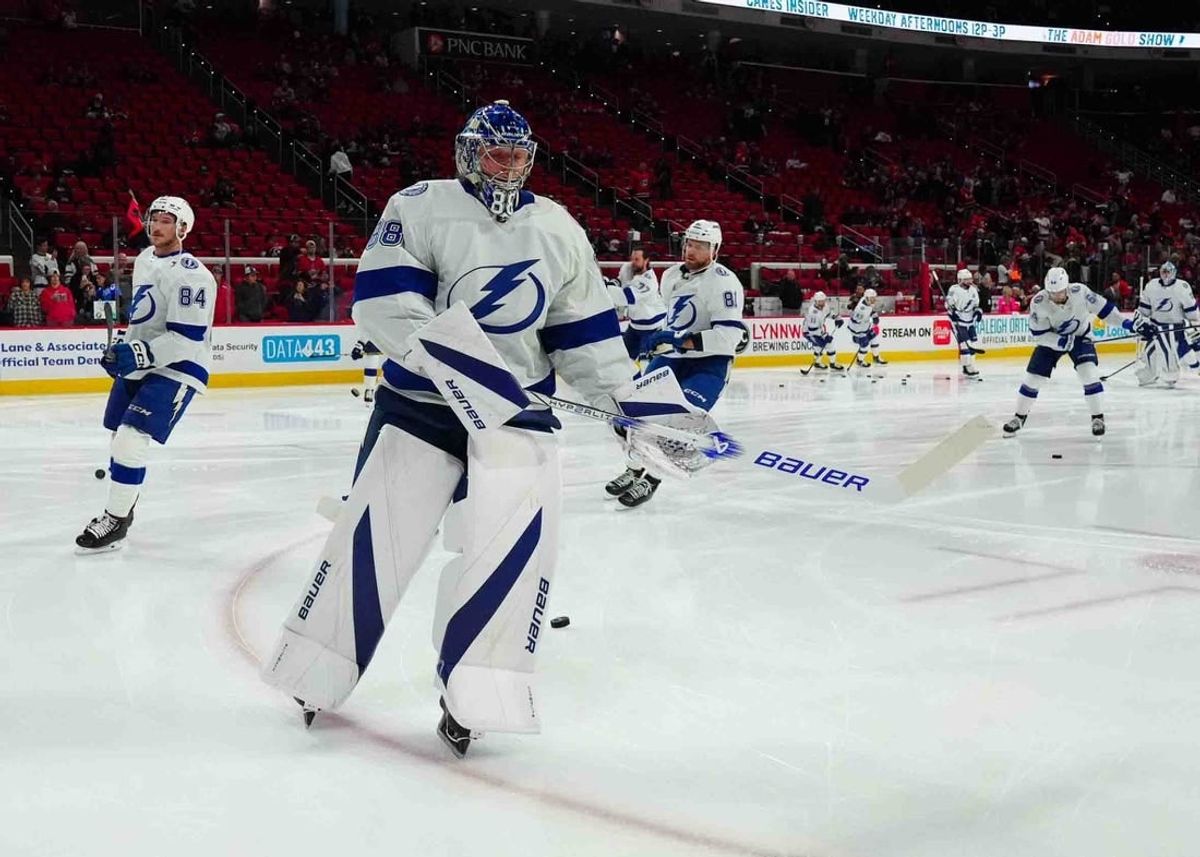 Nov 24, 2023; Raleigh, North Carolina, USA; Tampa Bay Lightning goaltender Andrei Vasilevskiy (88) skates before the game against the Carolina Hurricanes at PNC Arena.
