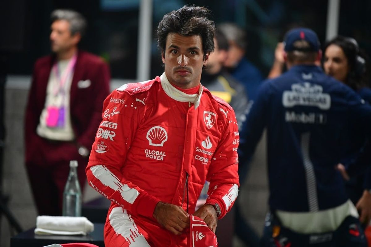 Nov 17, 2023; Las Vegas, Nevada, USA; Scuderia Ferrari driver Carlos Sainz Jr. of Spain (55) reacts after qualifying second at Las Vegas Strip Circuit.