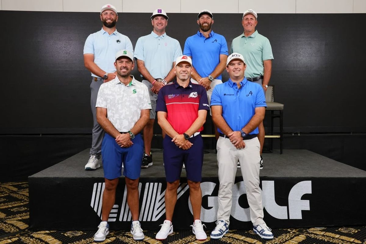 Apr 3, 2024; Miami, Florida, USA; Clockwise from upper left, Masters champions Jon Rahm, Bubba Watson, Dustin Johnson, Phil Mickelson, Patrick Reed, Sergio Garcia and Charl Schwartzel pose for a photograph during a LIV Golf Miami practice round at Trump National Doral.