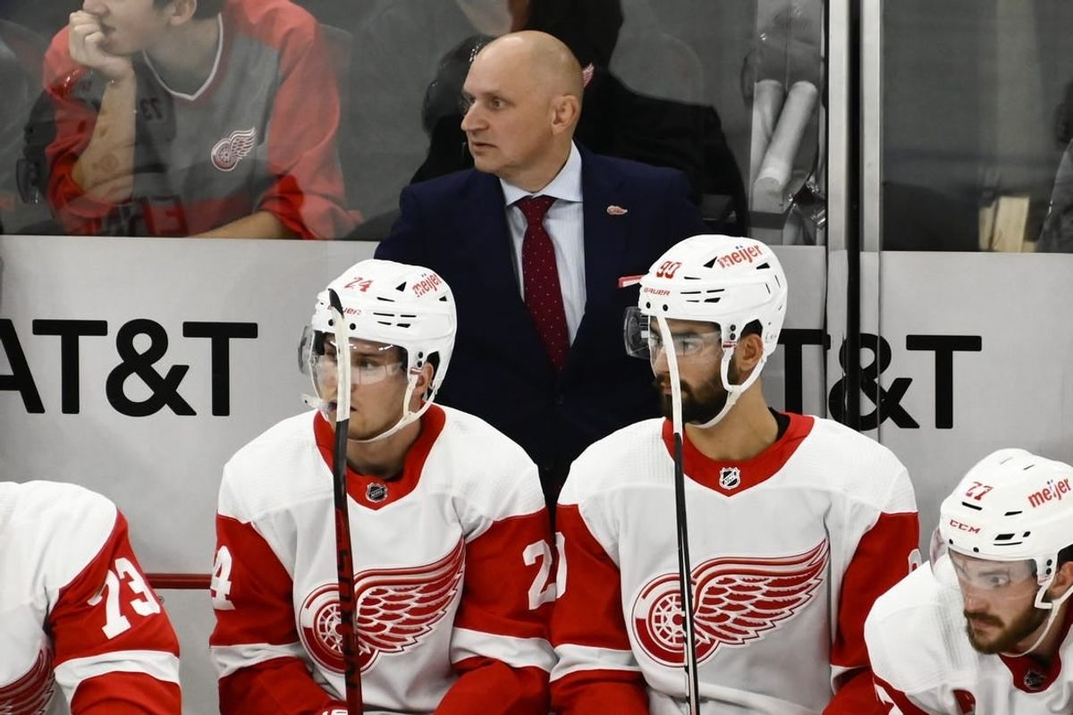 Oct 21, 2022; Chicago, Illinois, USA; Detroit Red Wings head coach Derek Lalonde looks on from the bench during the second period against the Chicago Blackhawks at United Center.
