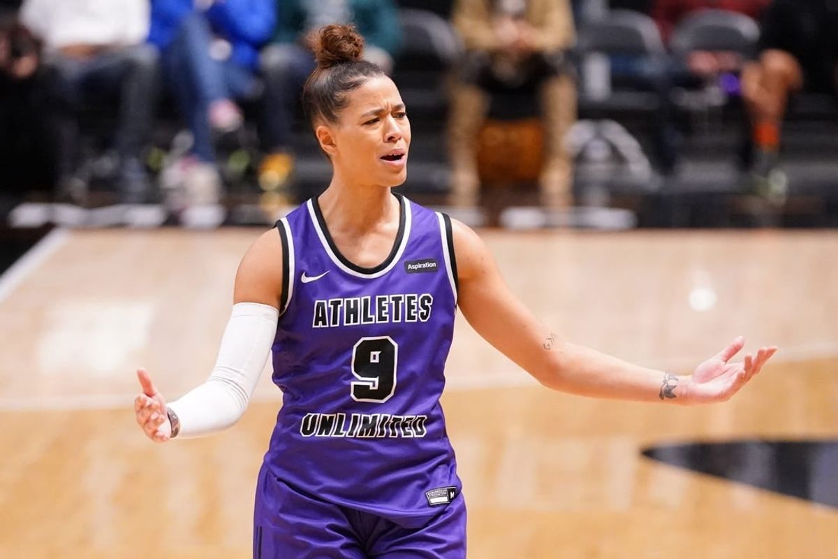Jan 28, 2022; Las Vegas, Nevada, USA; Team Carrington guard Natasha Cloud (9) reacts to a call by the referee during the second quarter against Team Russell at Athletes Unlimited Arena.