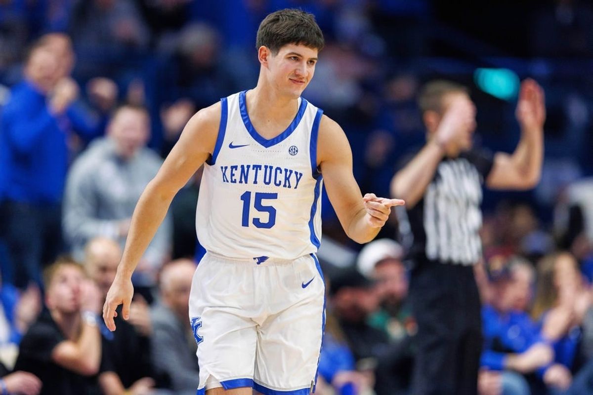 Nov 28, 2023; Lexington, Kentucky, USA; Kentucky Wildcats guard Reed Sheppard (15) reacts after making a basket during the first half against the Miami (Fl) Hurricanes at Rupp Arena at Central Bank Center.