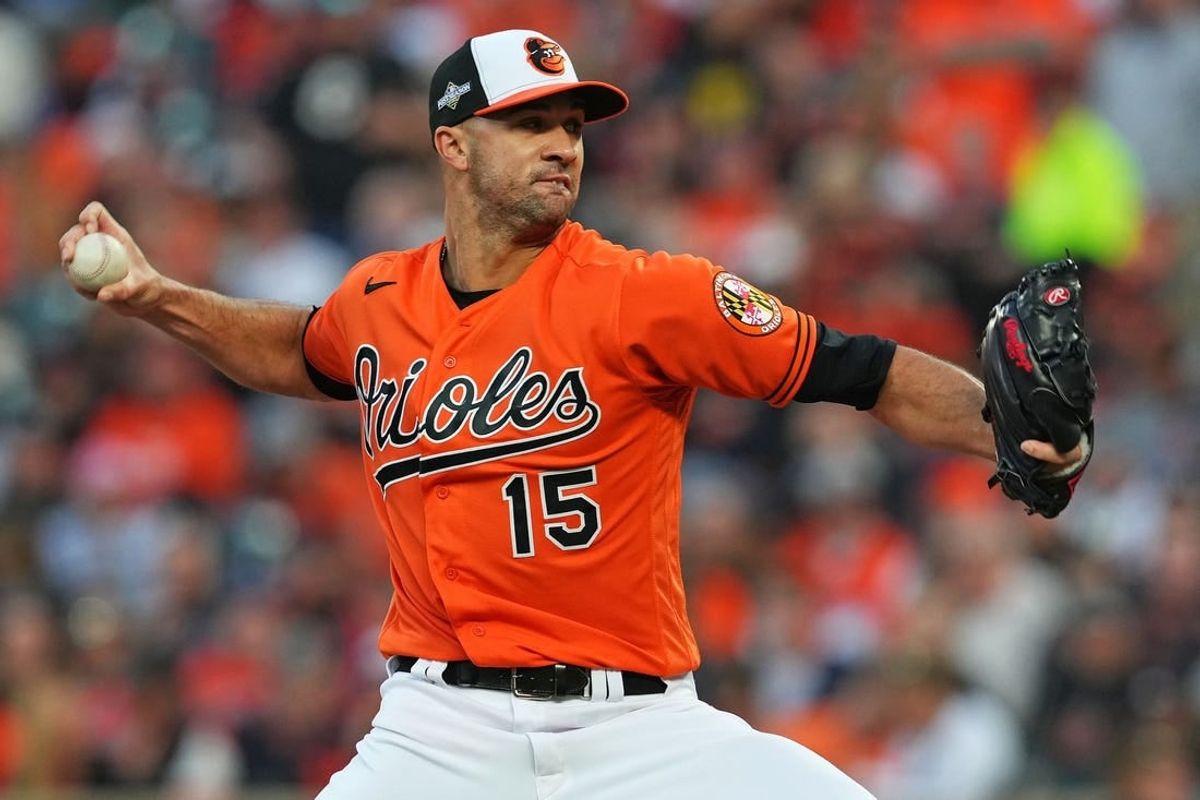 Oct 8, 2023; Baltimore, Maryland, USA; Baltimore Orioles starting pitcher Jack Flaherty (15) pitches during the fifth inning against the Texas Rangers during game two of the ALDS for the 2023 MLB playoffs at Oriole Park at Camden Yards.