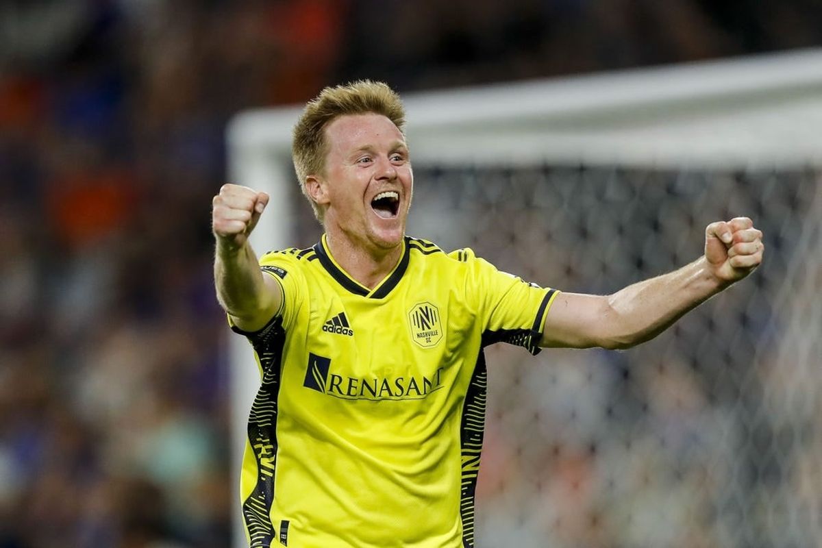 Aug 4, 2023; Cincinnati, OH, USA; Nashville SC midfielder Dax McCarty (6) reacts after midfielder Anibal Godoy (not pictured) scores a goal against FC Cincinnati in the second half at TQL Stadium.