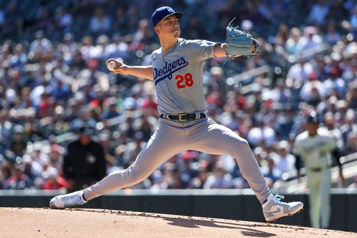 Apr 10, 2024; Minneapolis, Minnesota, USA; Los Angeles Dodgers starting pitcher Bobby Miller (28) delivers a pitch against the Minnesota Twins during the first inning at Target Field.