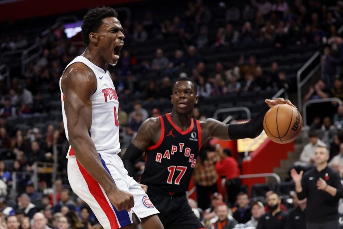 Dec 30, 2023; Detroit, Michigan, USA; Detroit Pistons center Jalen Duren (0) celebrates after he dunks in the first half against the Toronto Raptors at Little Caesars Arena.