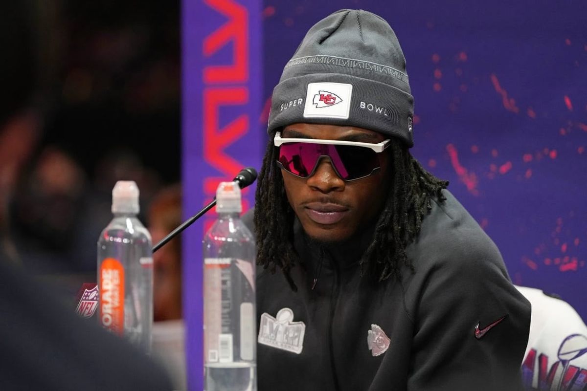 Feb 5, 2024; Las Vegas, NV, USA; Kansas City Chiefs wide receiver Rashee Rice (4) talks to the media during Super Bowl LVIII Opening Night at Allegiant Stadium.