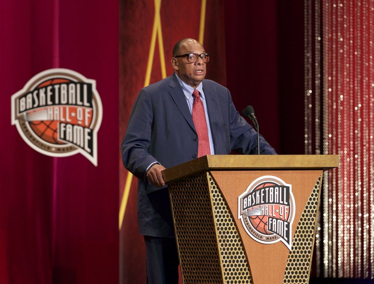 Sep 11, 2015; Springfield, MA, USA; George Raveling speaks during the 2015 Naismith Memorial Basketball Hall of Fame Enshrinement Ceremony at Springfield Symphony Hall. Mandatory Credit: David Butler II-Imagn Images