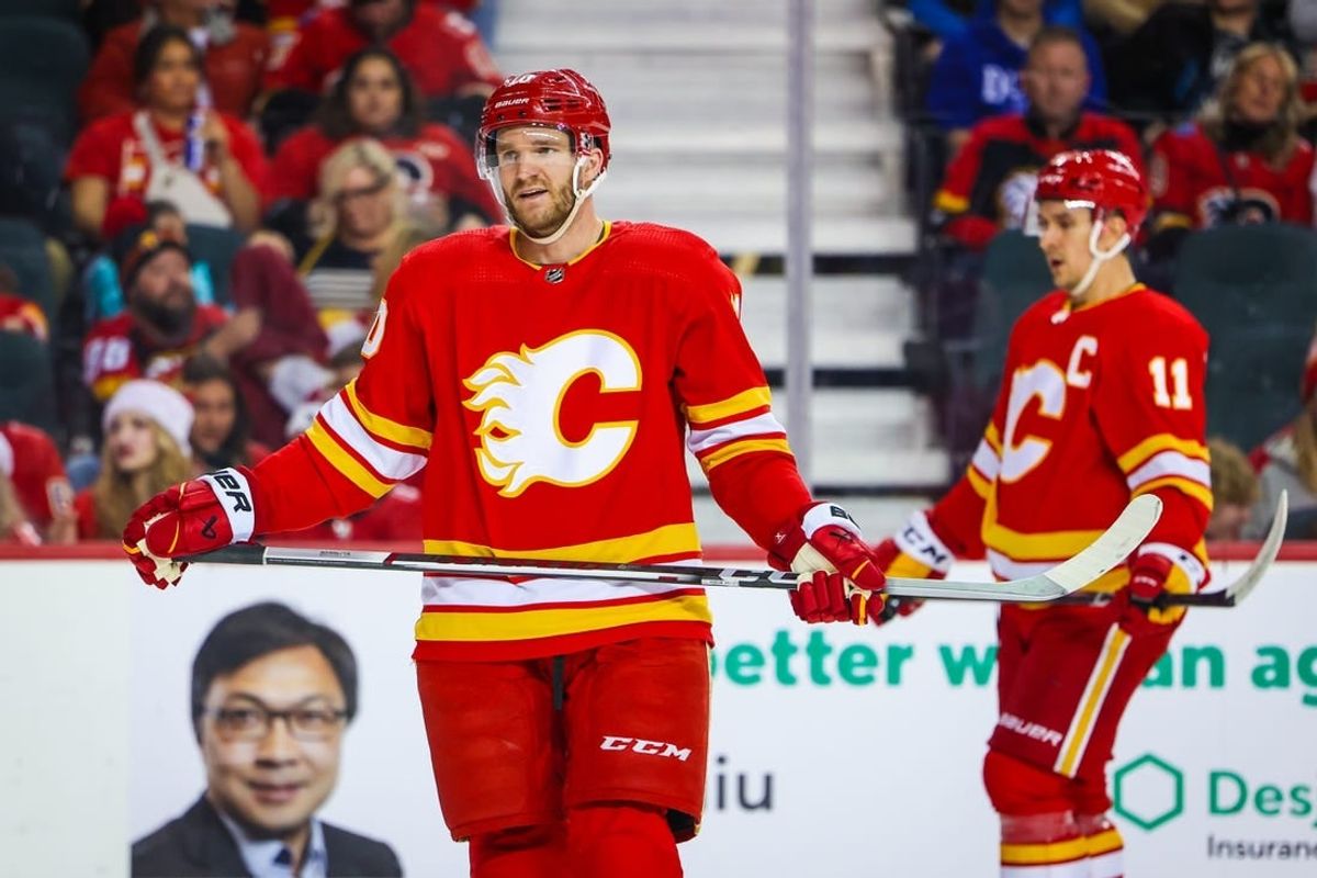 Dec 27, 2023; Calgary, Alberta, CAN; Calgary Flames center Jonathan Huberdeau (10) during the first period against the Seattle Kraken at Scotiabank Saddledome.