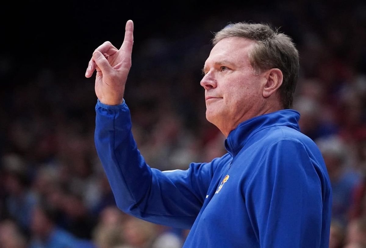Nov 28, 2023; Lawrence, Kansas, USA; Kansas Jayhawks head coach Bill Self gestures to players against the Eastern Illinois Panthers during the second half at Allen Fieldhouse.