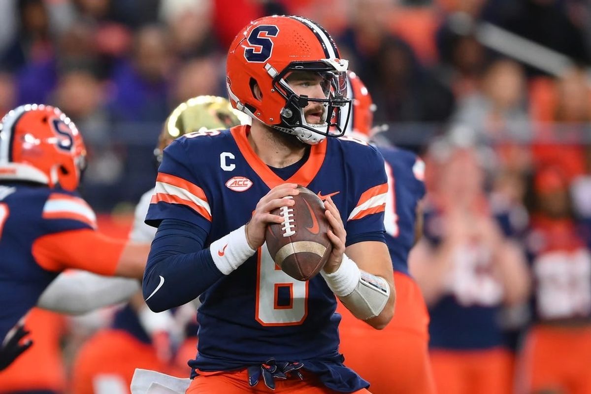 Nov 25, 2023; Syracuse, New York, USA; Syracuse Orange quarterback Garrett Schrader (6) drops back to pass against the Wake Forest Demon Deacons during the first half at the JMA Wireless Dome.