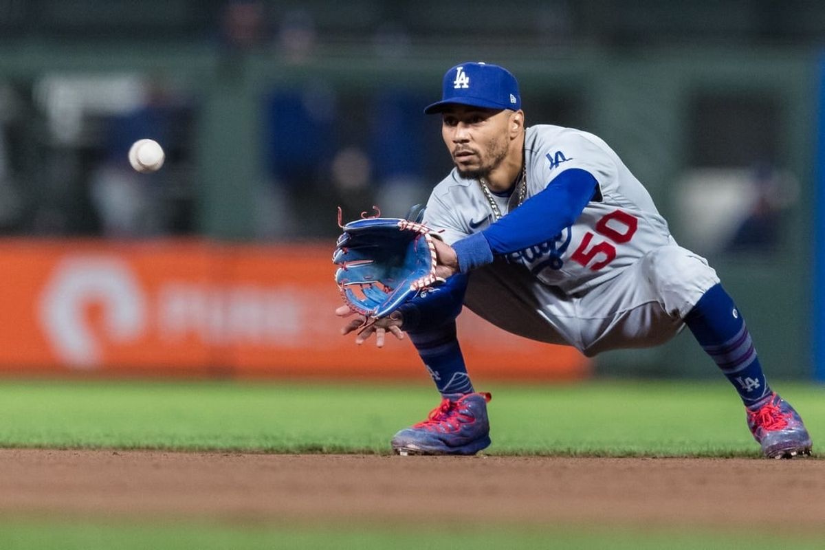 Sep 29, 2023; San Francisco, California, USA; Los Angeles Dodgers second baseman Mookie Betts (50) catches a shallow fly ball for an out against the San Francisco Giants  during the eighth inning at Oracle Park.