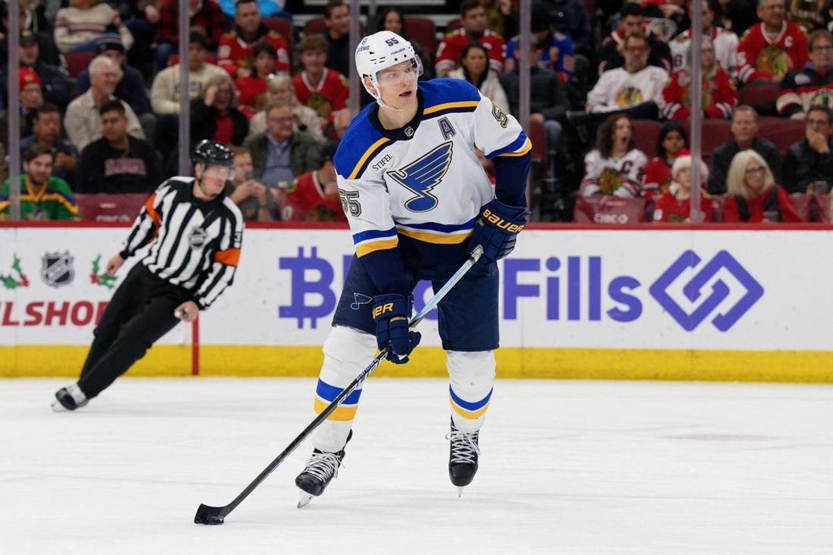 Dec 9, 2023; Chicago, Illinois, USA;  St. Louis Blues defenseman Colton Parayko (55) skates against the Chicago Blackhawks at United Center.