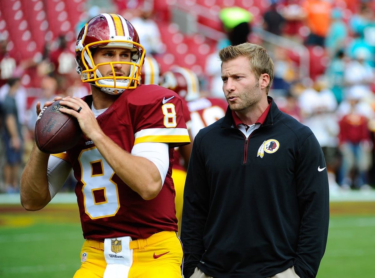 Sep 13, 2015; Landover, MD, USA; Washington Redskins quarterback Kirk Cousins (8) talks with Washington Redskins offensive coordinator Sean McVay before the game between the Washington Redskins and the Miami Dolphins at FedEx Field. Mandatory Credit: Brad Mills-Imagn Images