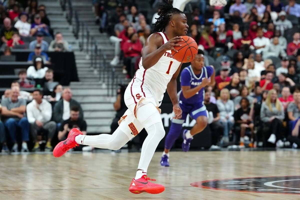 Nov 6, 2023; Las Vegas, Nevada, USA; USC Trojans guard Isaiah Collier (1) dribbles against the Kansas State Wildcats during the first half at T-Mobile Arena.