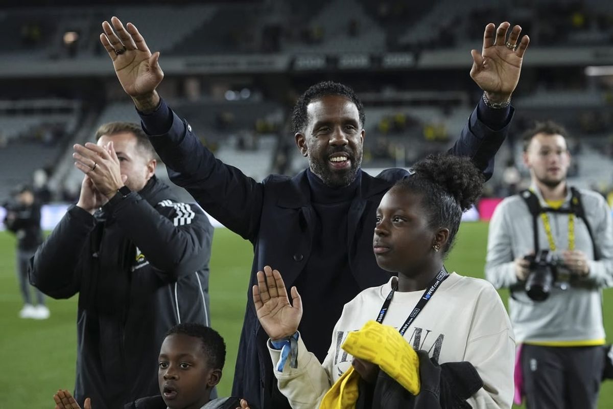 Mar 16, 2024; Columbus, Ohio, USA;  Columbus Crew head coach Wilfried Nancy celebrates following the win over the New York Red Bulls in the MLS soccer match at Lower.com Field.