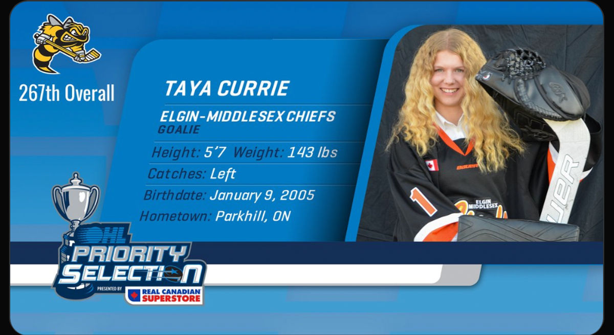 T aya Currie became the first girl drafted by an OHL team.