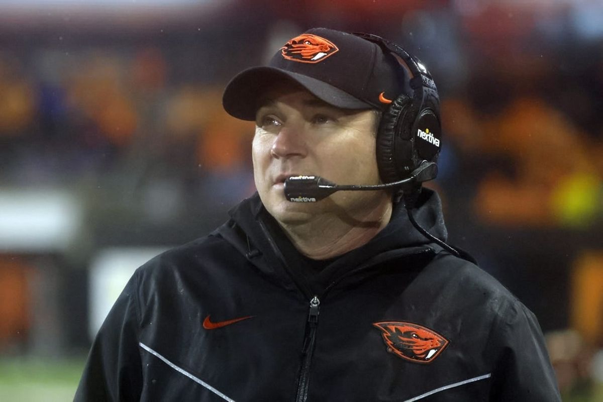 Nov 18, 2023; Corvallis, Oregon, USA; Oregon State Beavers head coach Jonathan Smith looks up at the video board during the second half against the Washington Huskies at Reser Stadium.
