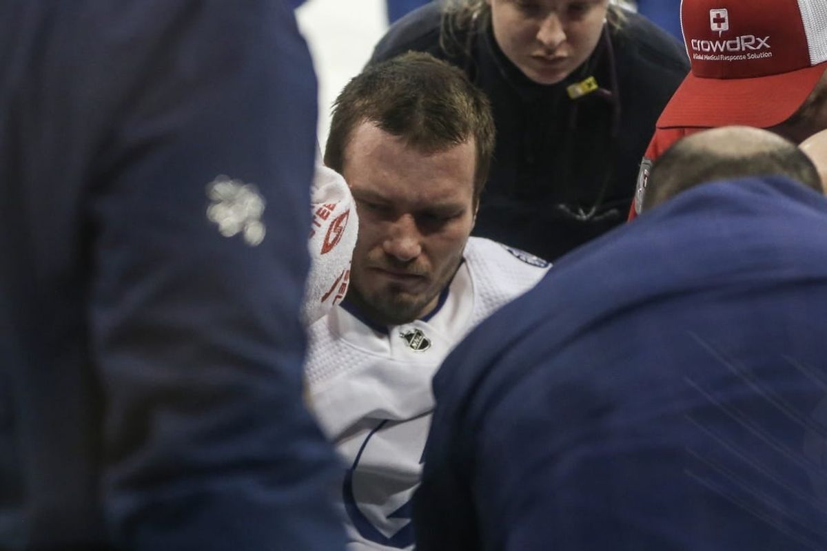 Feb 7, 2024; New York, New York, USA; Tampa Bay Lightning defenseman Mikhail Sergachev (98) reacts after suffering an injury in the second period against the New York Rangers at Madison Square Garden.
