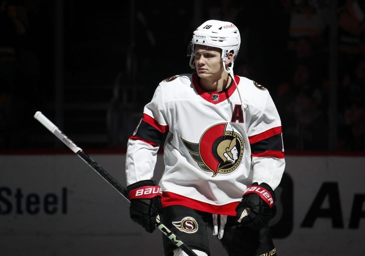 Oct 28, 2023; Pittsburgh, Pennsylvania, USA; Ottawa Senators left wing Tim Stutzle (18) takes the ice to play against the Pittsburgh Penguins during the first period at PPG Paints Arena.