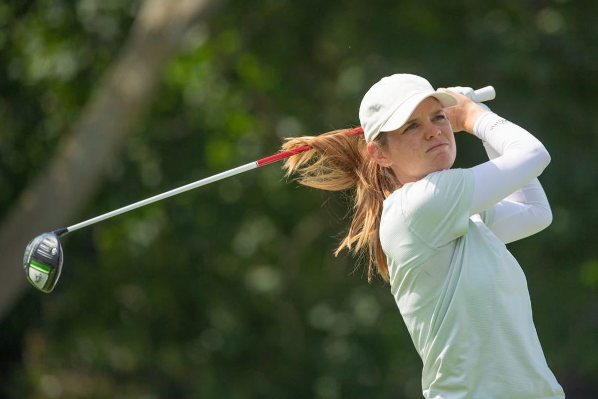 Aug 25, 2022; Ottawa, Ontario, CAN; Sarah Schmelzel from the United States tees off during the first round of the CP Women's Open golf tournament.