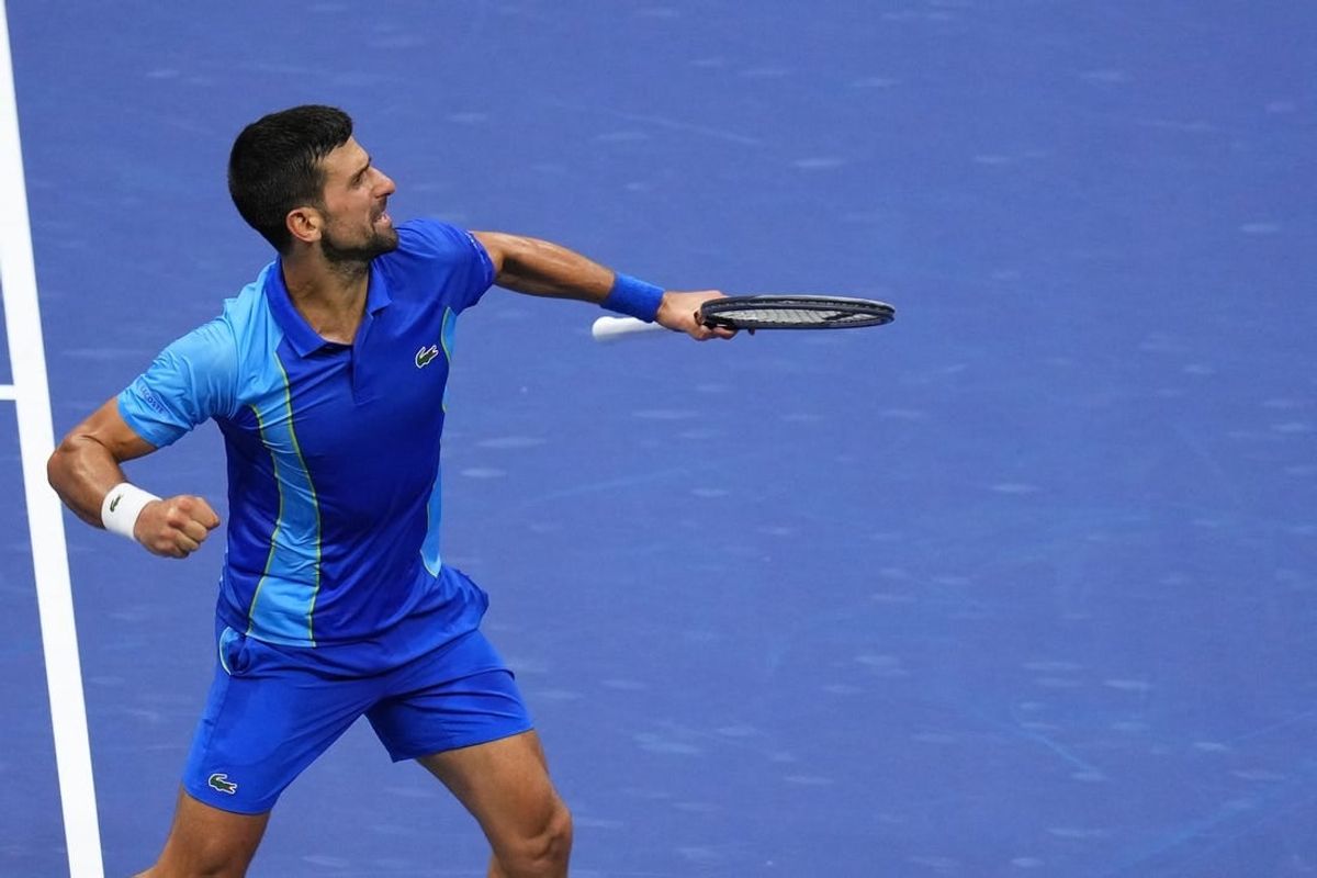 Sep 10, 2023; Flushing, NY, USA; Novak Djokovic of Serbia reacts after winning a point against Daniil Medvedev (not pictured) in the men's singles final in the men's singles final on day fourteen of the 2023 U.S. Open tennis tournament at USTA Billie Jean King National Tennis Center.