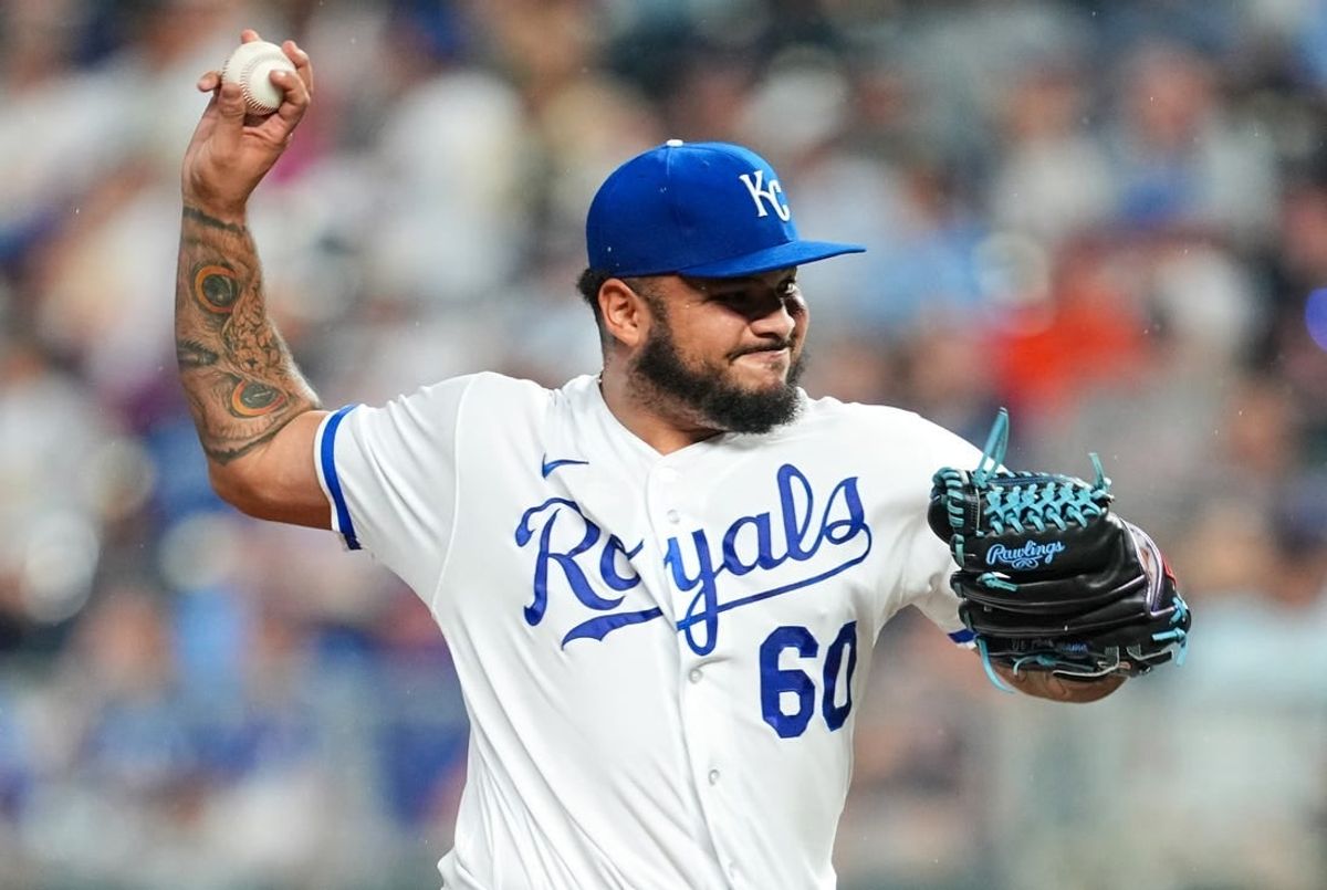 Jul 19, 2023; Kansas City, Missouri, USA; Kansas City Royals relief pitcher Max Castillo (60) pitches during the eighth inning against the Detroit Tigers at Kauffman Stadium.