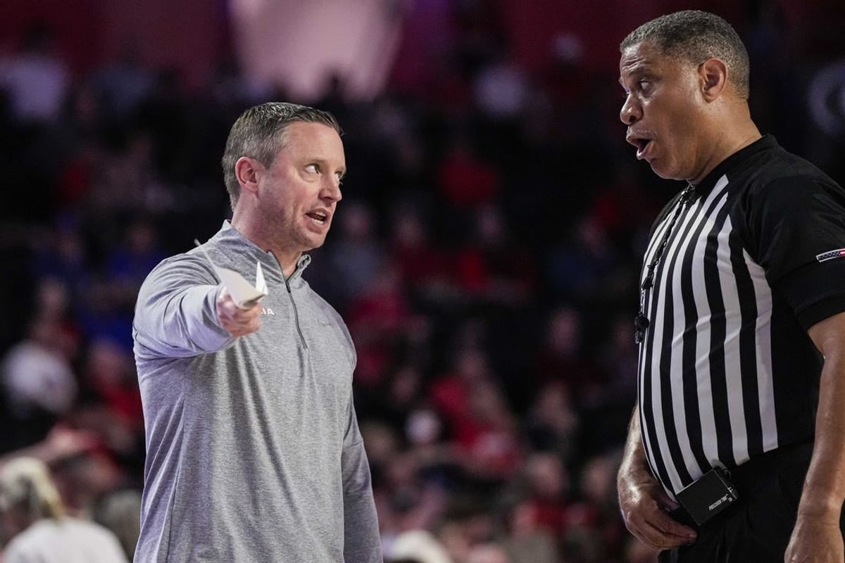 Feb 28, 2023; Athens, Georgia, USA; Georgia Bulldogs head coach Mike White reacts to an official during the game against the Florida Gators during the first half at Stegeman Coliseum.