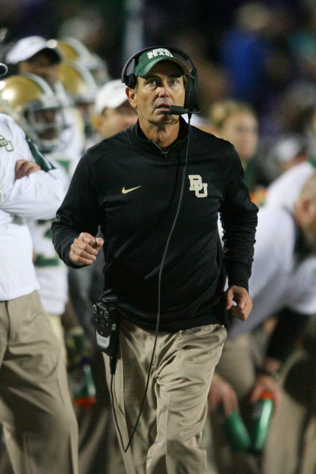 Nov 5, 2015; Manhattan, KS, USA; Baylor Bears head coach Art Briles looks on from the sidelines against the Kansas State Wildcats at Bill Snyder Family Football Stadium. The Bears won 31-24. Mandatory Credit: Scott Sewell-Imagn Images