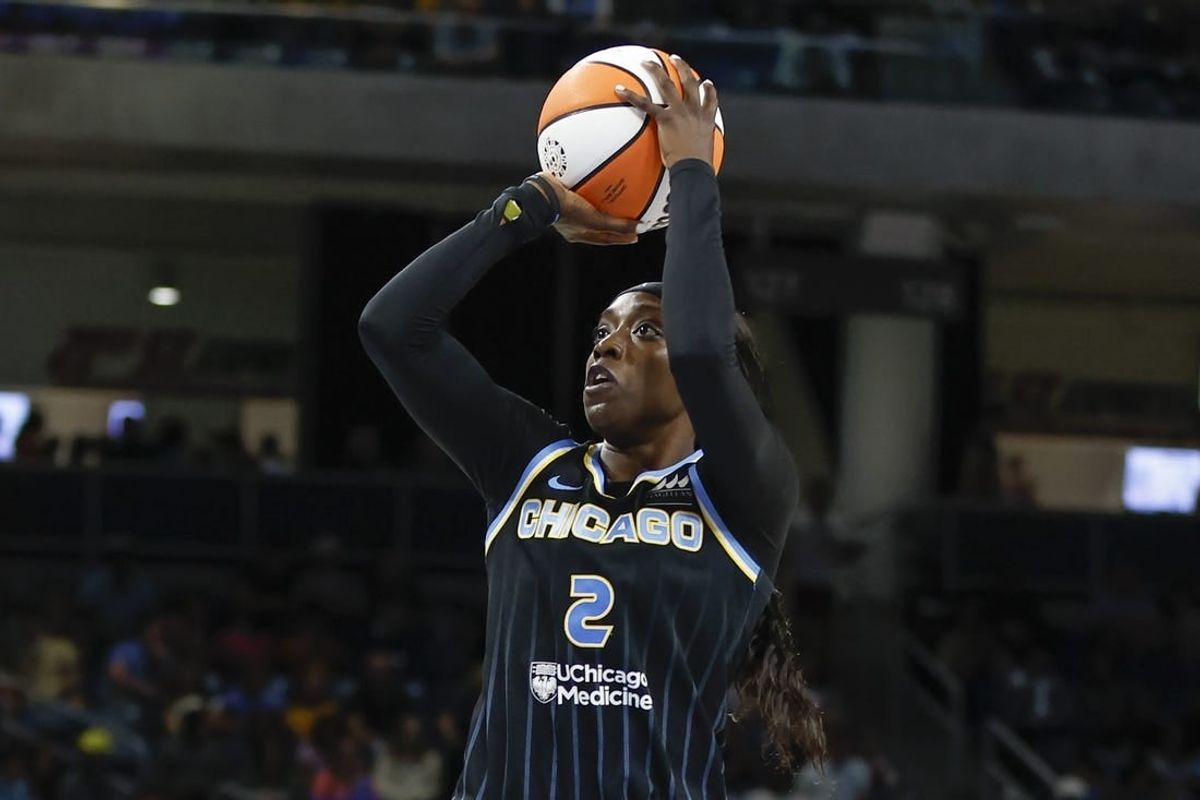 Aug 20, 2022; Chicago, Illinois, USA; Chicago Sky guard Kahleah Copper (2) shoots against the New York Liberty during the first half of Game 2 of the first round of the WNBA playoffs at Wintrust Arena.