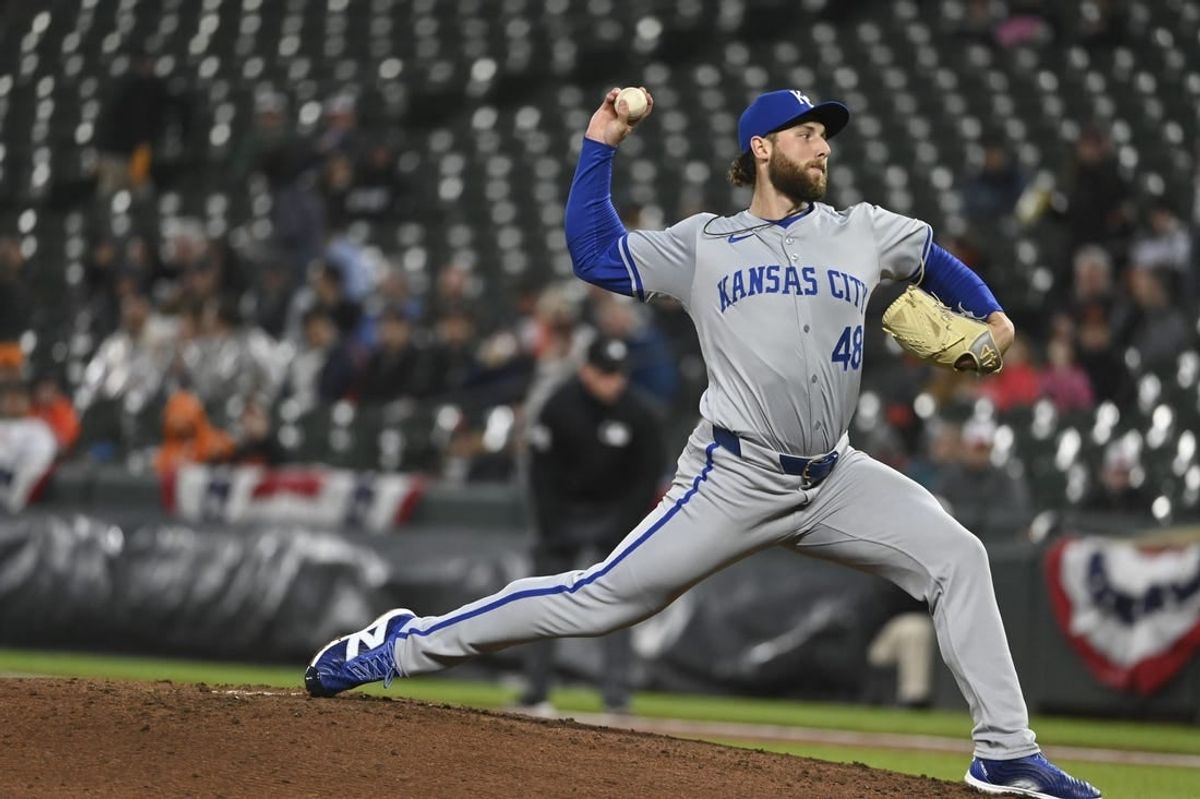Apr 2, 2024; Baltimore, Maryland, USA;  Kansas City Royals starting pitcher Alec Marsh (48) throws a third inning pitch against the Baltimore Orioles at Oriole Park at Camden Yards.