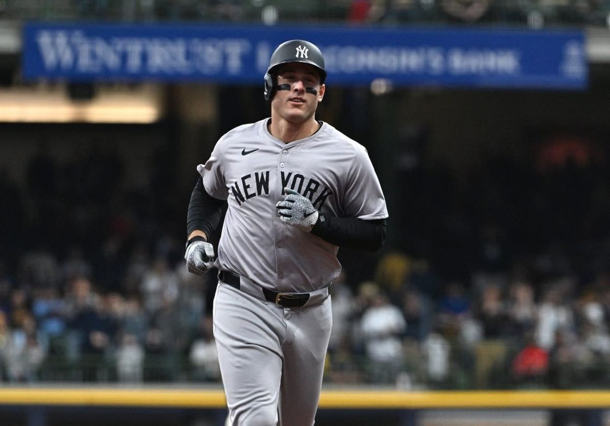 Apr 28, 2024; Milwaukee, Wisconsin, USA; New York Yankees first baseman Anthony Rizzo (48) rounds the bases after hitting his 300th career home run in the eighth inning against the Milwaukee Brewers at American Family Field.